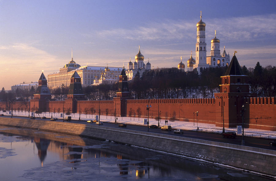 Russia, Moscow, Church of Archangel Michael and Assumption Cathedral behind Kremlin Wall at sunrise Photograph by Hans Neleman