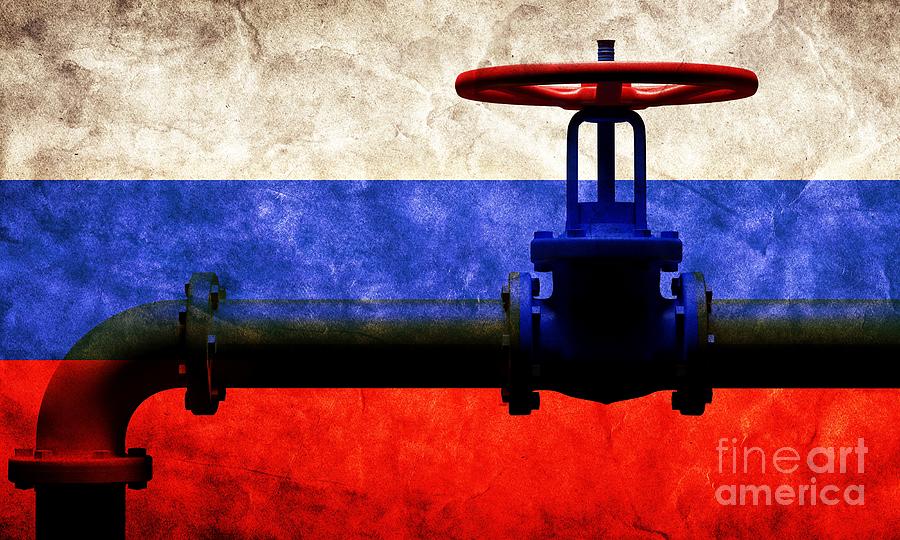 Russian gas transmission, valve on pipeline against flag of Russia. Photograph by Michal Bednarek
