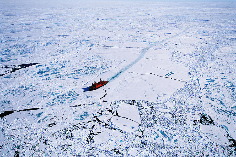Russian nuclear icebreaker clearing path to North Pole, aerial view Photograph by Per Breiehagen