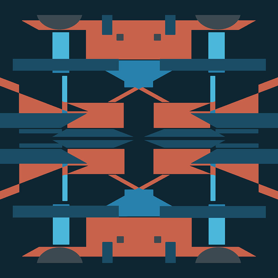 Rust Blue on Navy Symmetrical Abstract Design Digital Art by Elastic Pixels