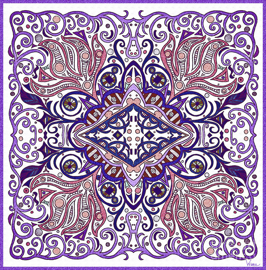 Rust Colored Paisley Flowers and Diamond, with Purple Ornate Borders Mixed Media by Lise Winne