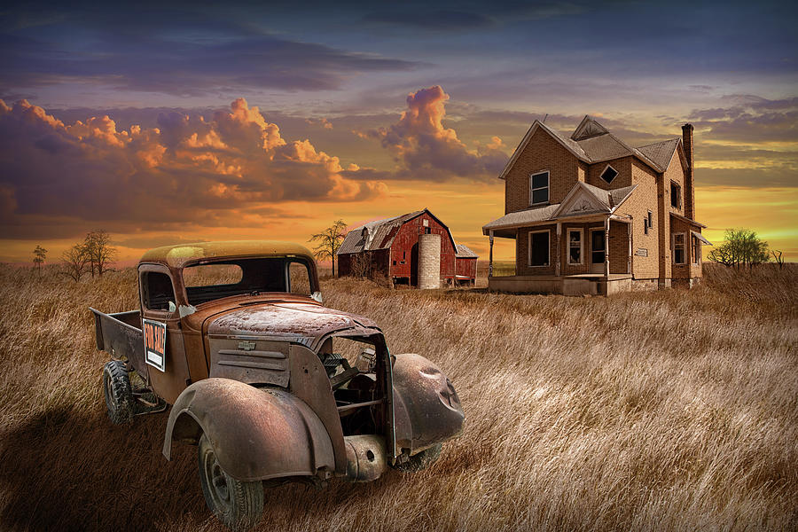 Rusted For Sale Pickup Truck With Farm House And Red Barn Photograph