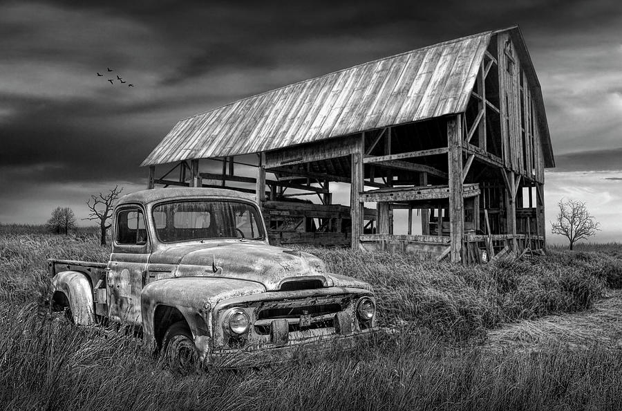 Rusted International Harvester Pickup Truck In Black And White Photograph