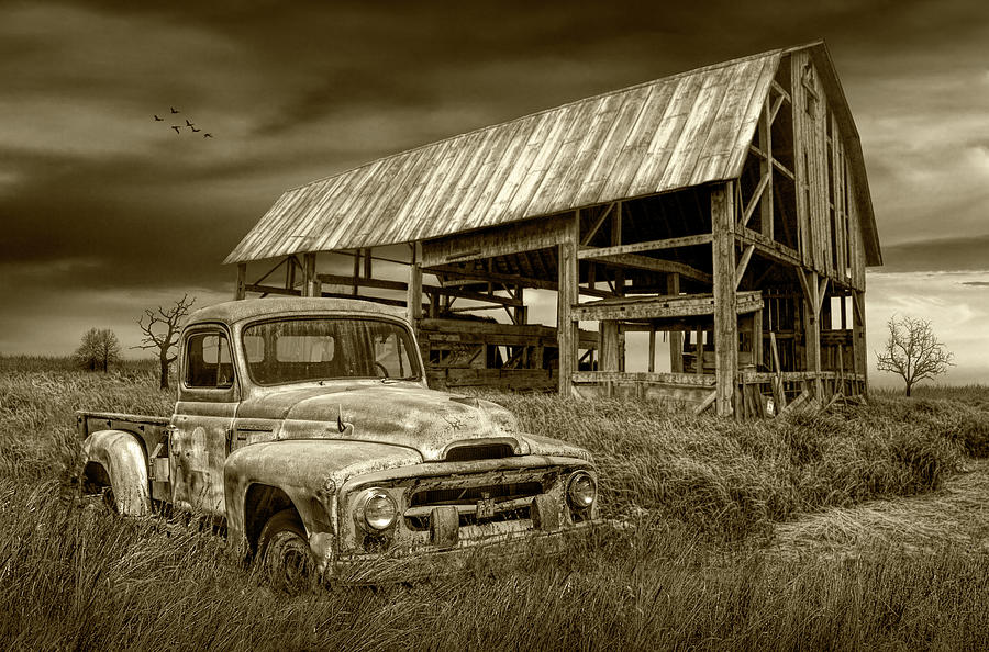 Rusted International Harvester Pickup Truck in Sepia Tone in a Rural Landscape Photograph by Randall Nyhof