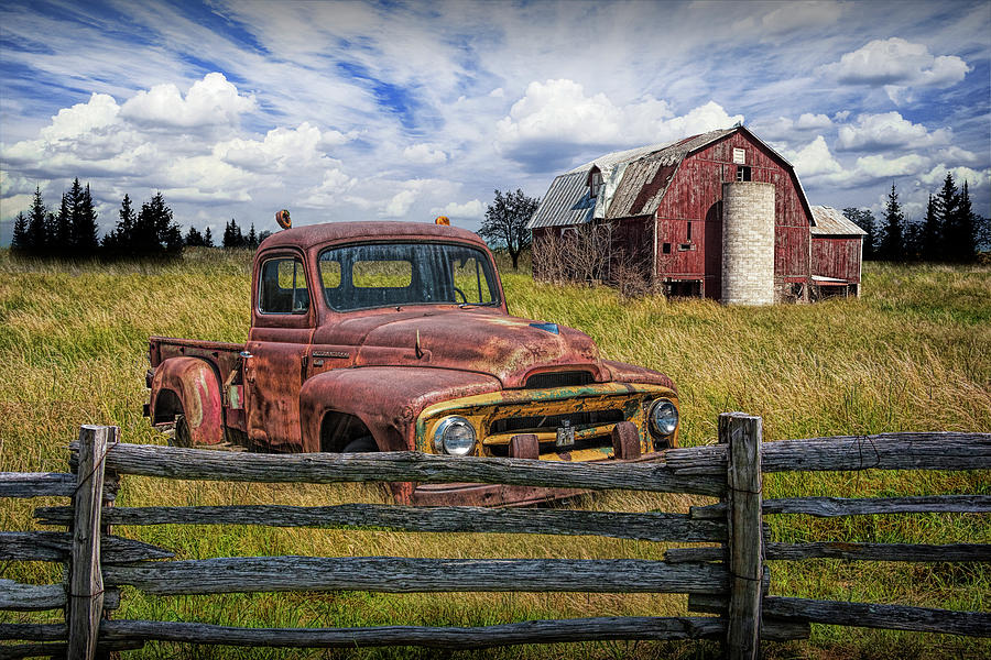 Rusted International Harvester Pickup Truck With Red Barn And Fe Photograph