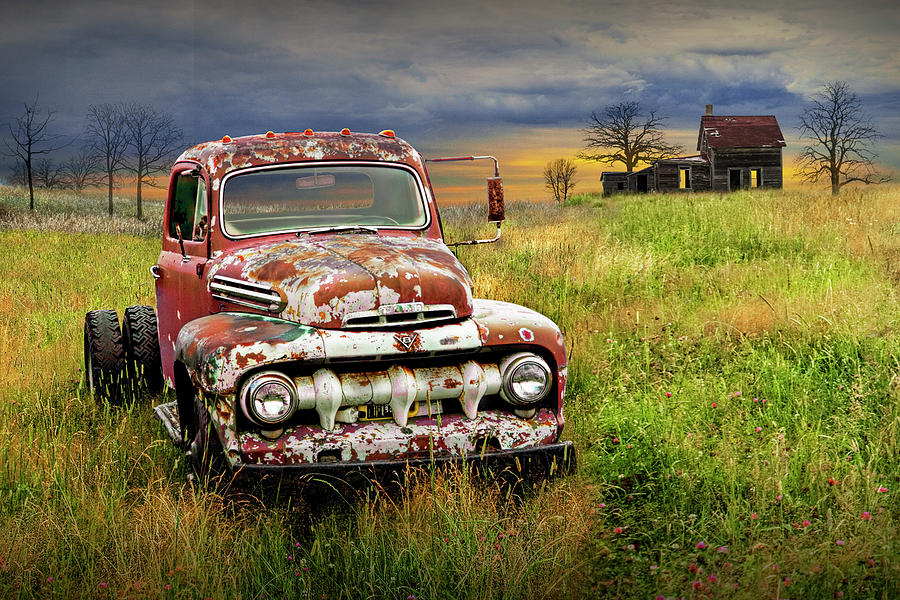 Rusted Vintage Ford Truck in a Grassy Field by an Abandoned Farm Photograph by Randall Nyhof