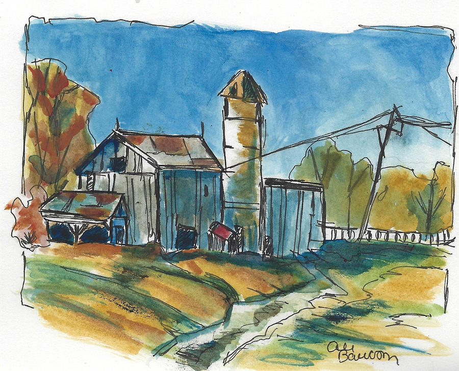 Rustic Barn Watercolor and Ink Painting of a Barn with Silo during Autumn Painting by Ali Baucom