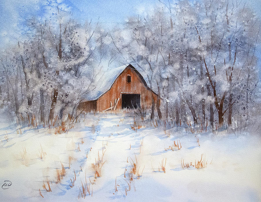 Rustic Barn in Winter Painting by Rebecca Davis