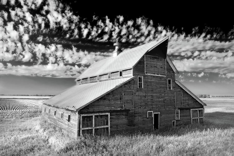 Rustic barn on the prairie in Pierce County NN near Hurricane Lake - Black and White IR conversion Photograph by Peter Herman