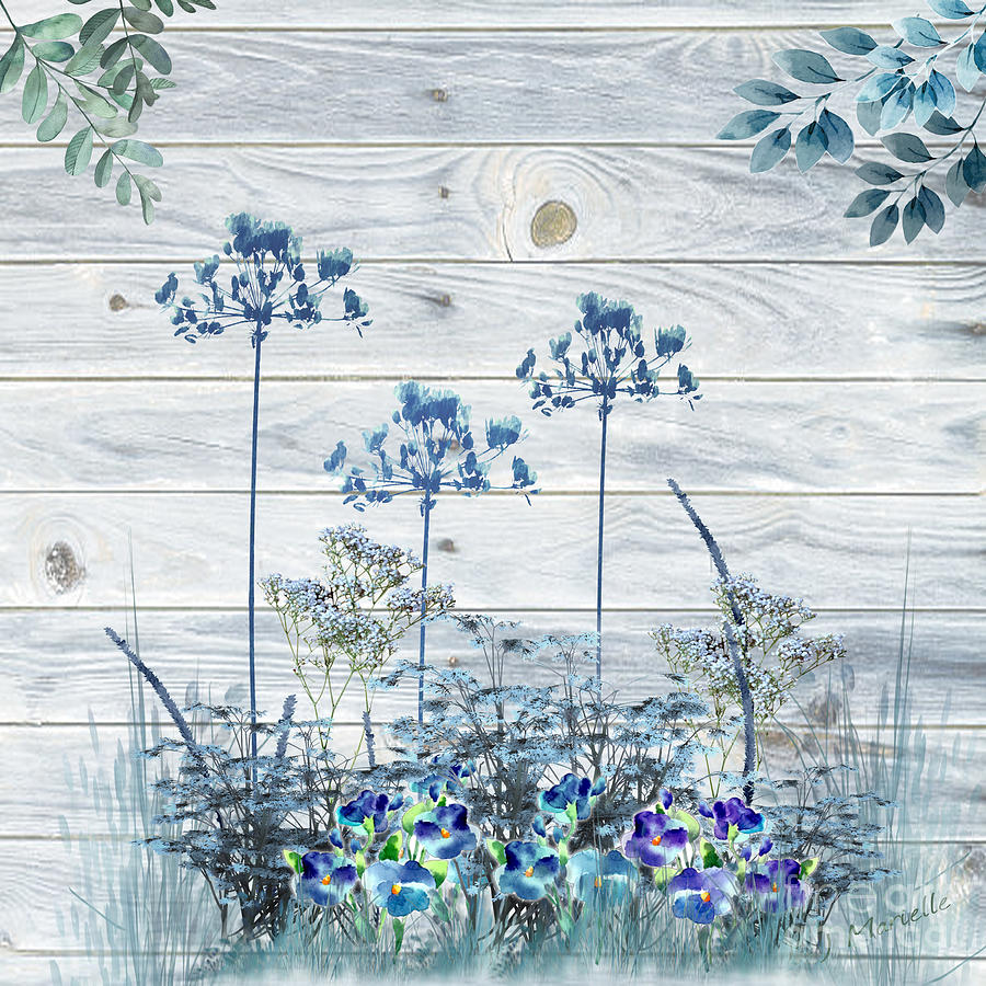 Rustic Barn Wood Series  Blue Farm Flowers Digital Art by J Marielle