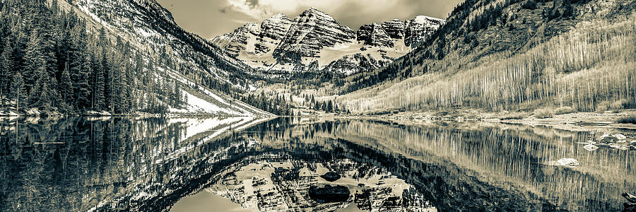 Rustic Maroon Bells Mountain Peaks Panorama - Sepia Edition Photograph by Gregory Ballos