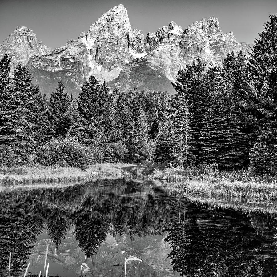Rustic Mountain Peaks of Grand Tetons - Black and White Photograph by Gregory Ballos