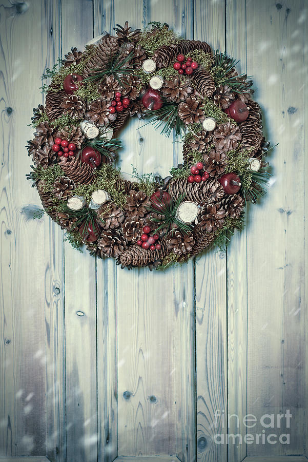 Christmas Photograph - Rustic Pin Cone Wreath by Amanda Elwell