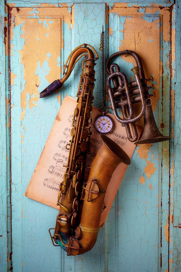 Rustic Saxophone And Pocket Watch Photograph by Garry Gay