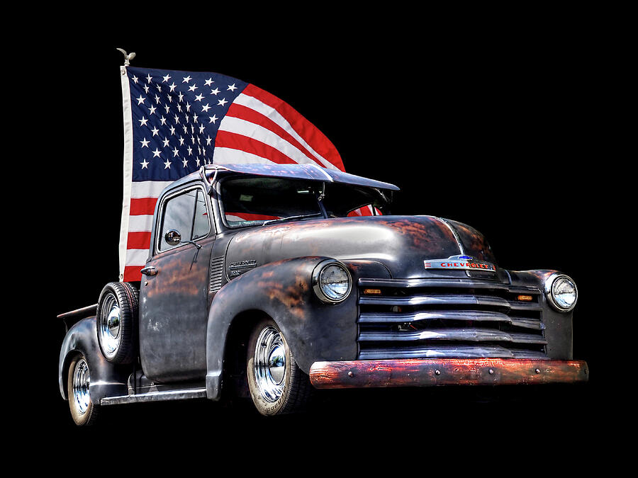 Chevrolet Truck Photograph - Rusty 1951 Chevy Truck With US Flag by Gill Billington