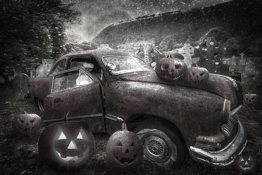 Fall Digital Art - Rusty Car in Jack O Lanterns Black and White by Debra and Dave Vanderlaan