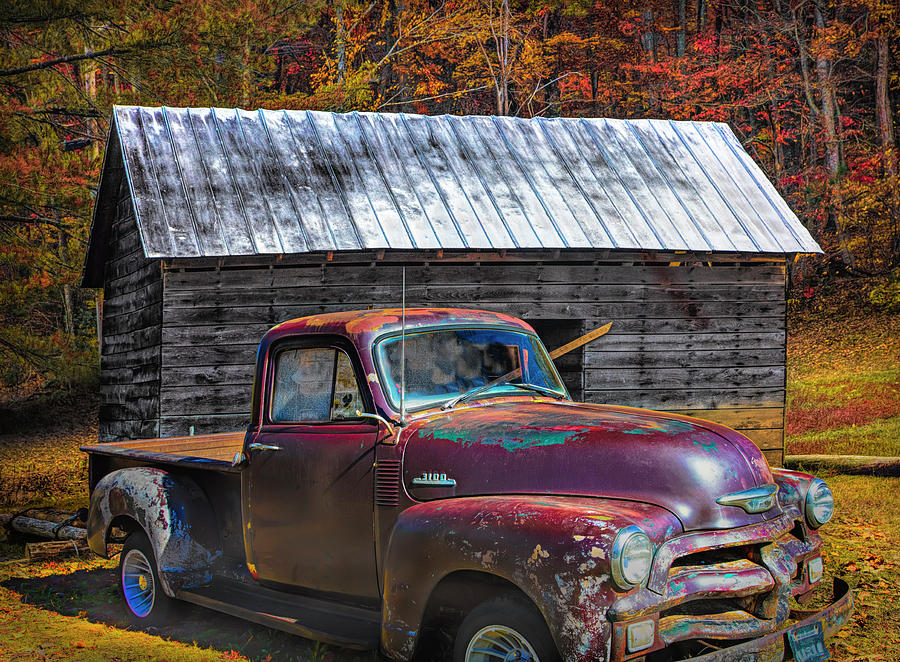 Rusty Chevy at the Autumn Farm Barn Photograph by Debra and Dave Vanderlaan