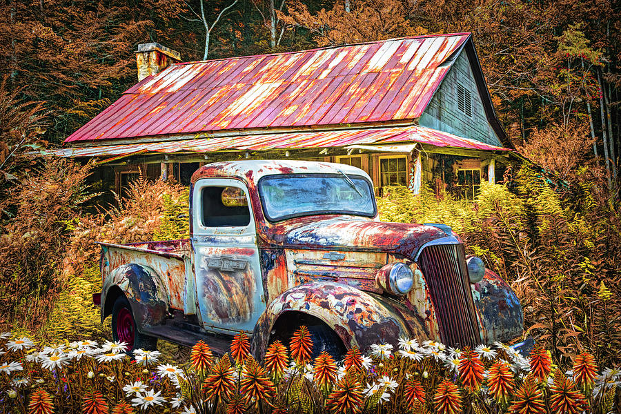Rusty Chevy in the Fall Garden Photograph by Debra and Dave Vanderlaan