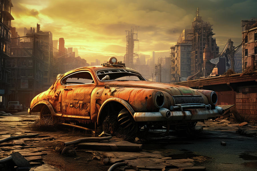 Rusty Classic Car in Post-Apocalyptic City 01 Digital Art by Matthias Hauser