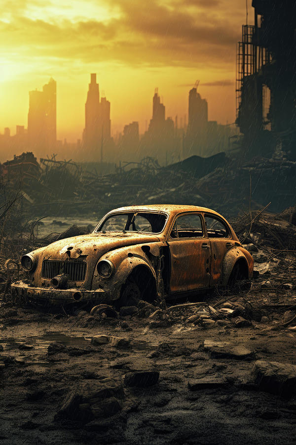 Rusty Classic Car in Post-Apocalyptic City 02 Digital Art by Matthias Hauser