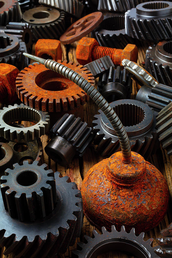 Tool Photograph - Rusty Oil Can And Old Gears by Garry Gay