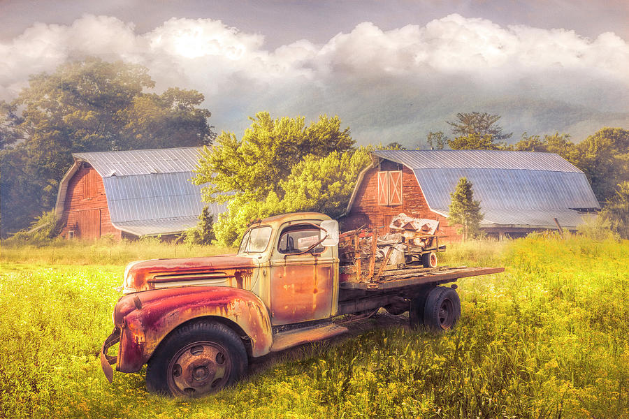 Rusty Old Truck and Red Barns at Sunset Photograph by Debra and Dave ...