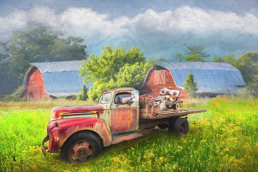 Rusty Old Truck and Red Barns Painting Photograph by Debra and Dave Vanderlaan