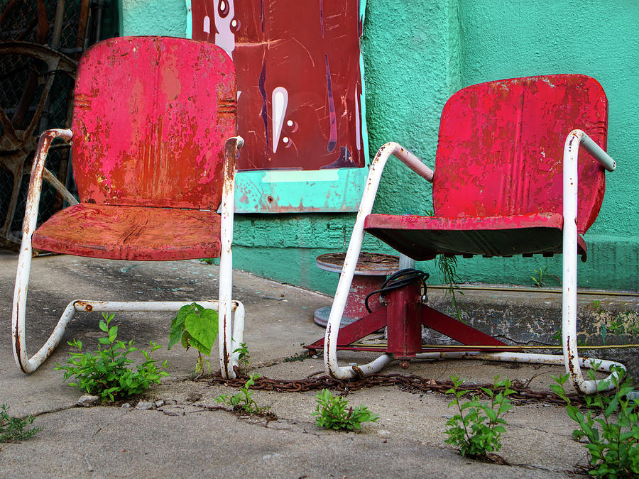 Rusty Red Pair Two Old Metal Chairs Photograph Photograph by Ann Powell
