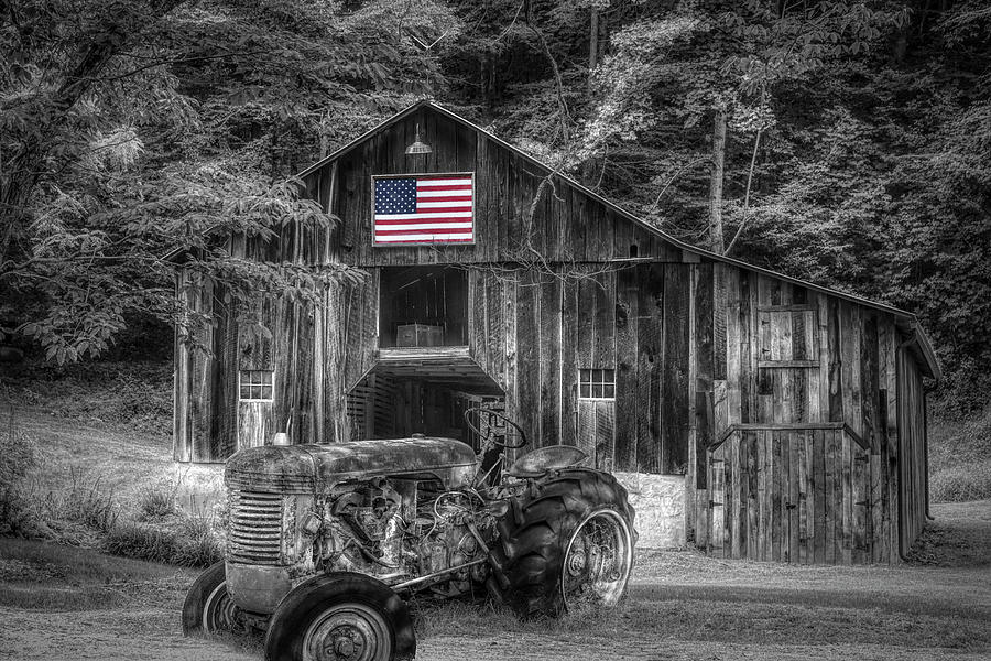 Rusty Tractor in America in Black and White with Red White and B Photograph by Debra and Dave Vanderlaan