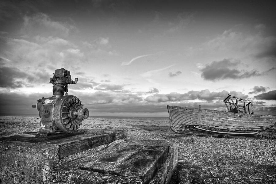 Rusty Winch and Abandoned Boat at Dungeness BW Photograph by Gill Billington
