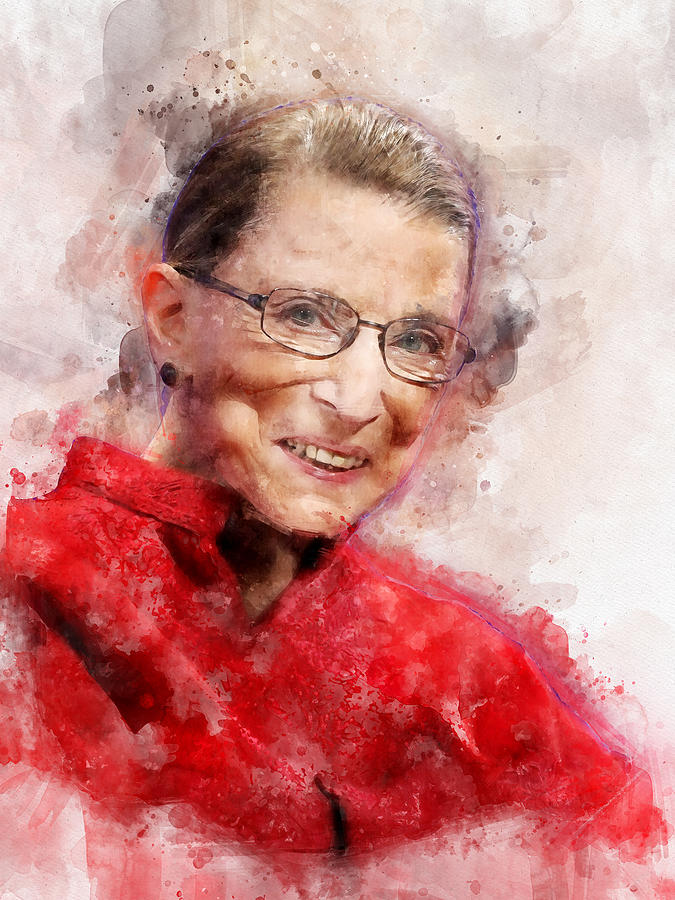 Portrait Painting - Ruth Bader Ginsburg Smiling Watercolor Portrait R by SP JE Art