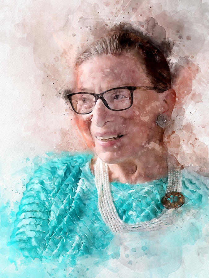 Portrait Painting - Ruth Bader Ginsburg Smiling Watercolor Portrait T by SP JE Art