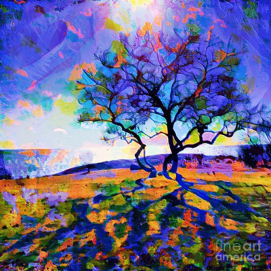 S - Solitary Tree on Shoreline in Blue and Orange in Afternoon Sun - Square Painting by Lyn Voytershark
