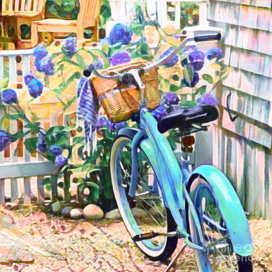 S Blue Parked Bicycle with Summer Flowers - Square Painting by Lyn Voytershark