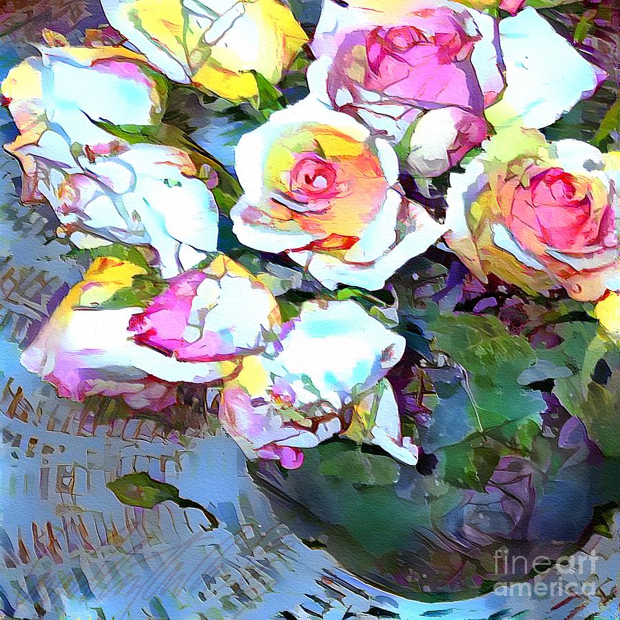 S - Bouquet of Apricot Sweetheart Roses with Round Green Vase - Square Painting by Lyn Voytershark