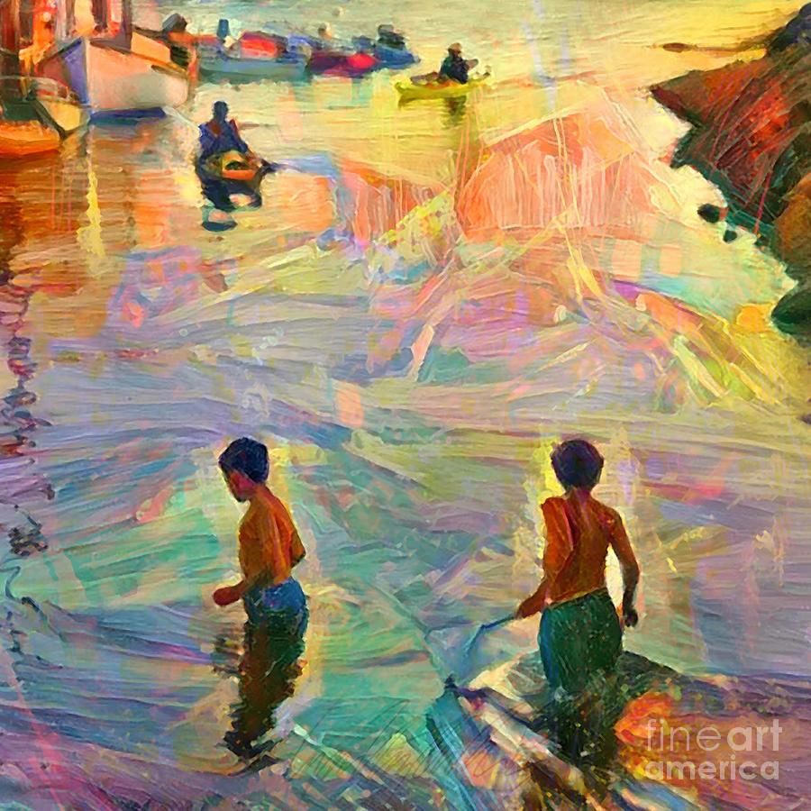 S  Boys Fishing with Nets in Menemsha - Square Painting by Lyn Voytershark