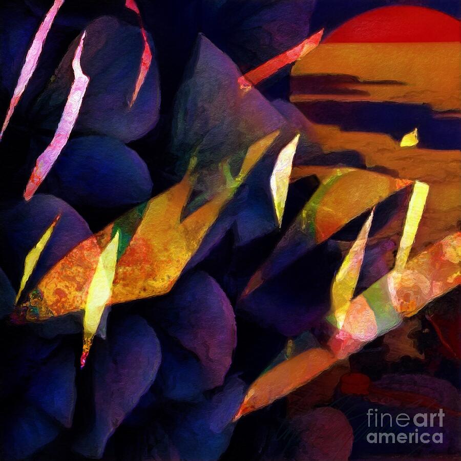 S - Dark Abstract of Raining Shards Against Plum Colored Orbs and Red Arc - Square Painting by Lyn Voytershark