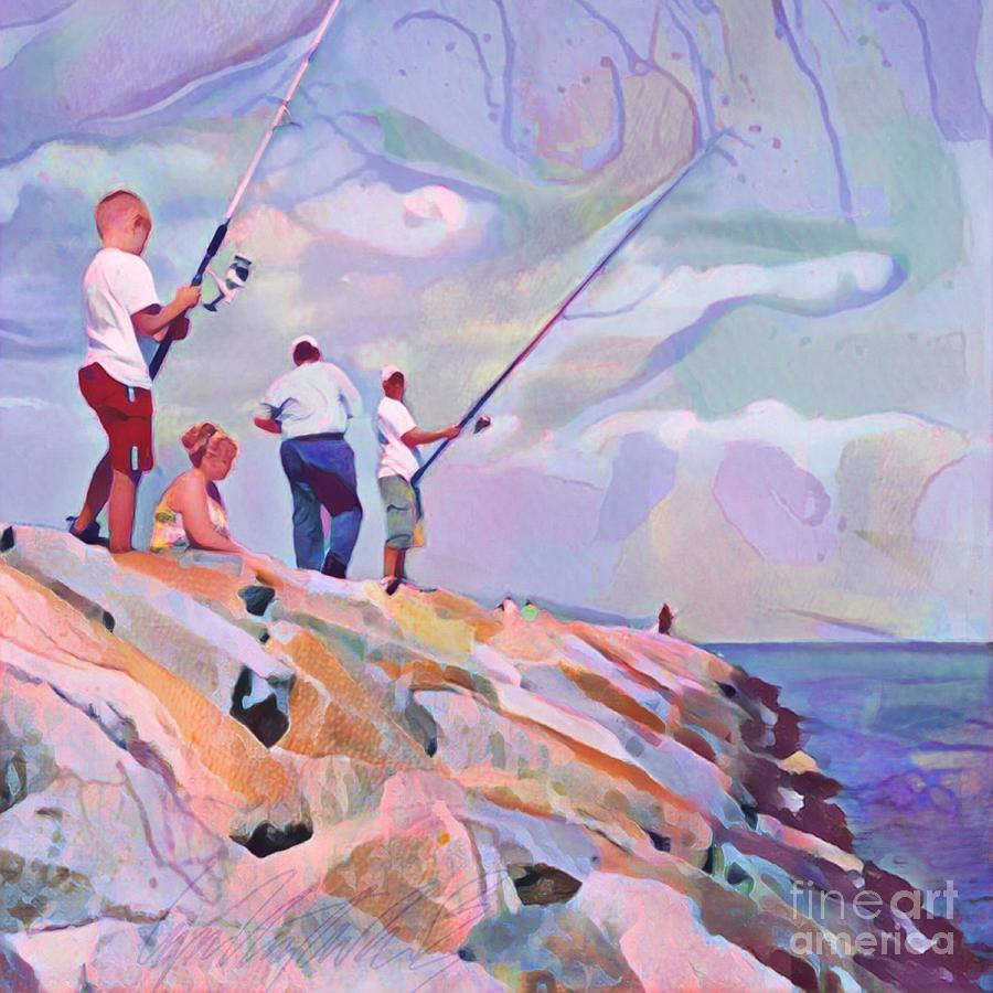 S Fishing Off the State Beach Rock Jetty - Square Painting by Lyn Voytershark