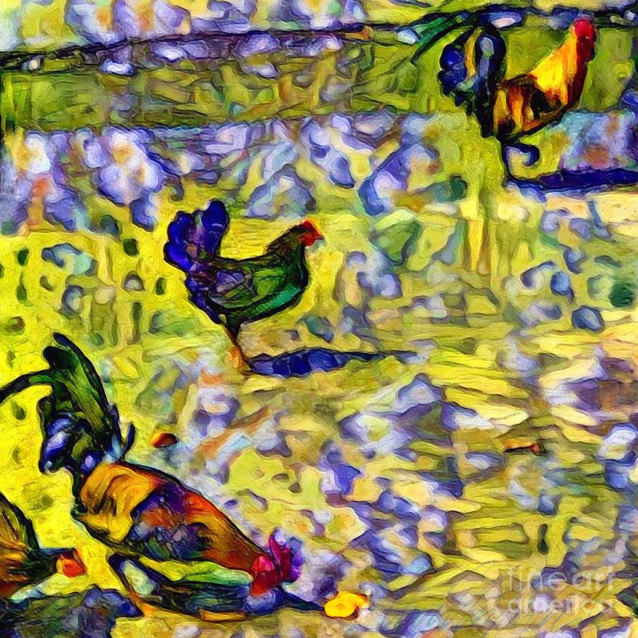 S - Flock of Mardi Gras Chickens in Green Purple and Yellow - Square Painting by Lyn Voytershark