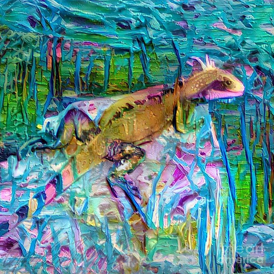 S - Island Iguana Sunbathing on the Rocks in Pink and Aqua Impasto Texture - Square Painting by Lyn Voytershark