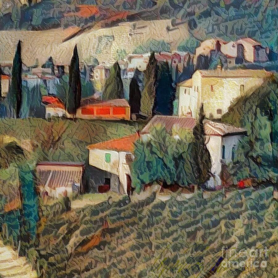 S - Italian Country Town with Farm Fields and Mediterranean Cypress Trees - Square Painting by Lyn Voytershark