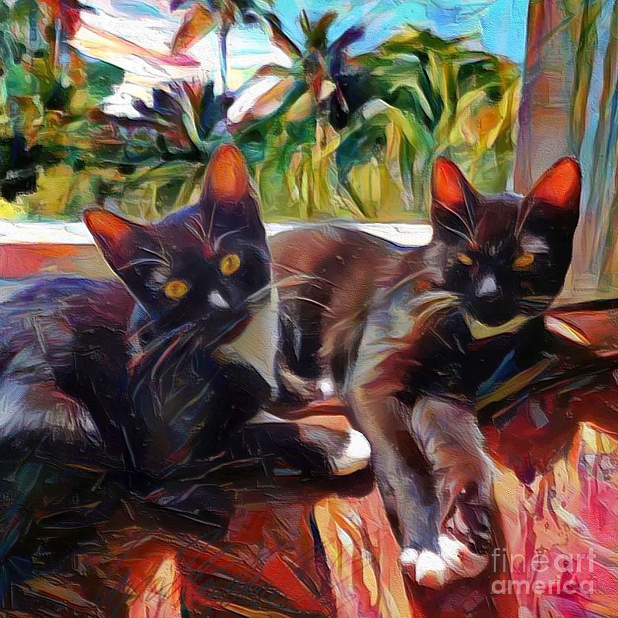 S - Lounging Cat Duo in Tropical Sunshine with Water View of Caribbean Sea - Square Painting by Lyn Voytershark