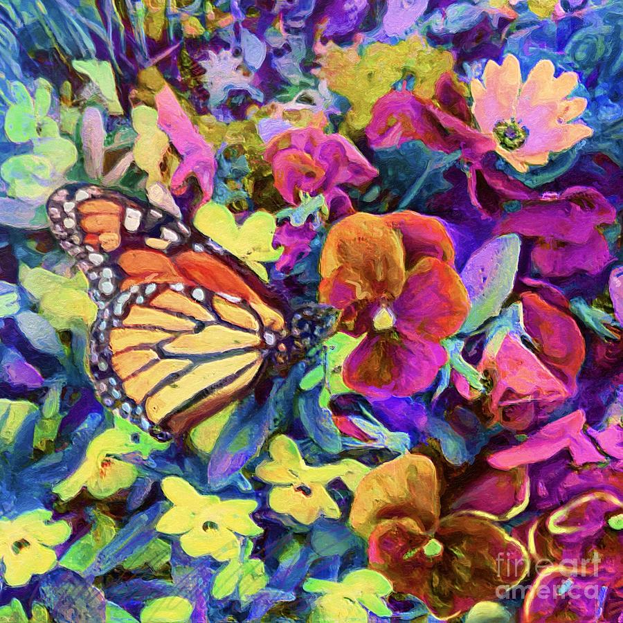 S - Monarch Butterfly with Mahogany Pansies and Yellow Flowers - Square Painting by Lyn Voytershark