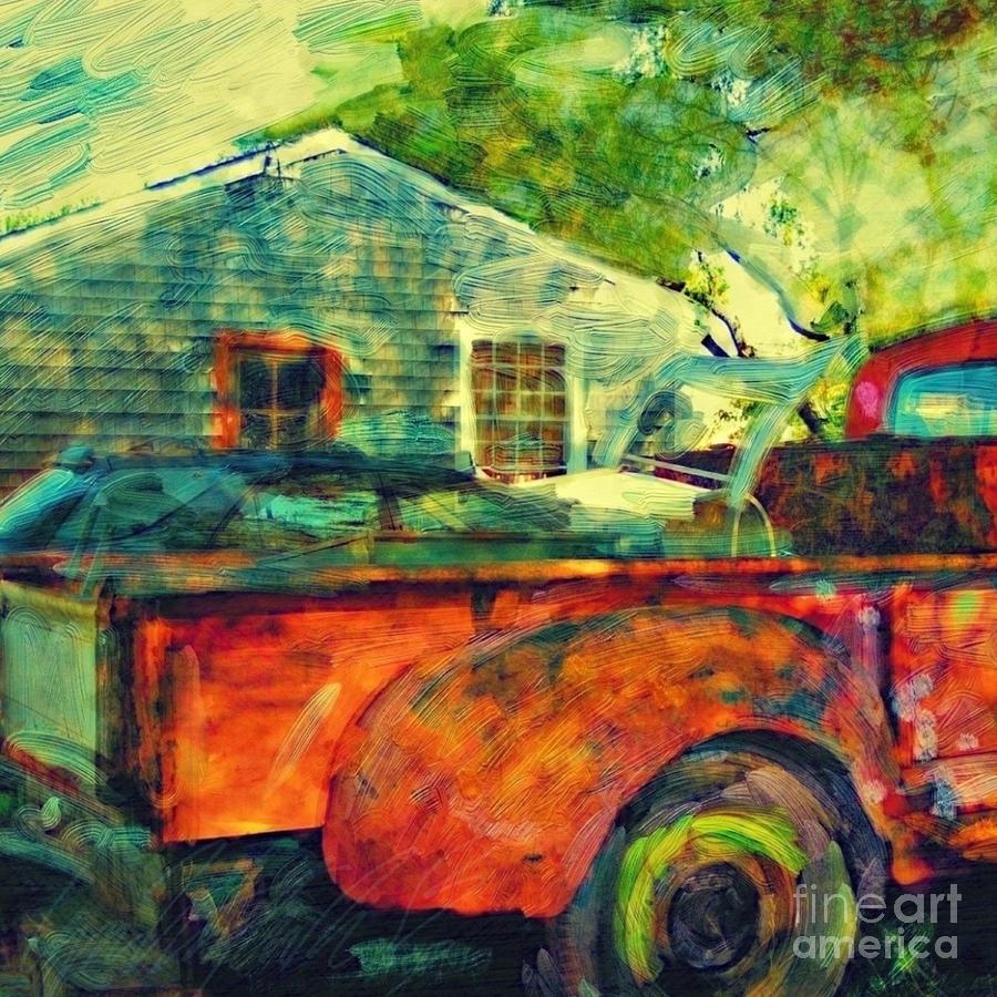 S  Red Truck in Dappled Shade - Square Painting by Lyn Voytershark