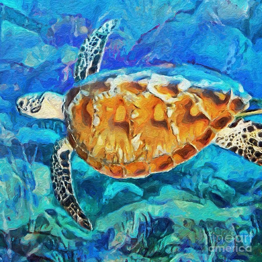 S - Sea Turtle Swimming and Diving in Turquoise Blue Caribbean Waters - Square Painting by Lyn Voytershark