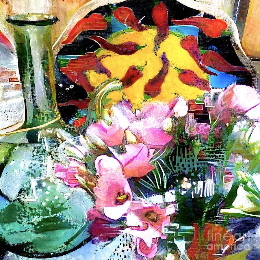 S - Still Life with Pink Cyclamen Flowers and Hot Pepper Decorated Plate - Square Painting by Lyn Voytershark