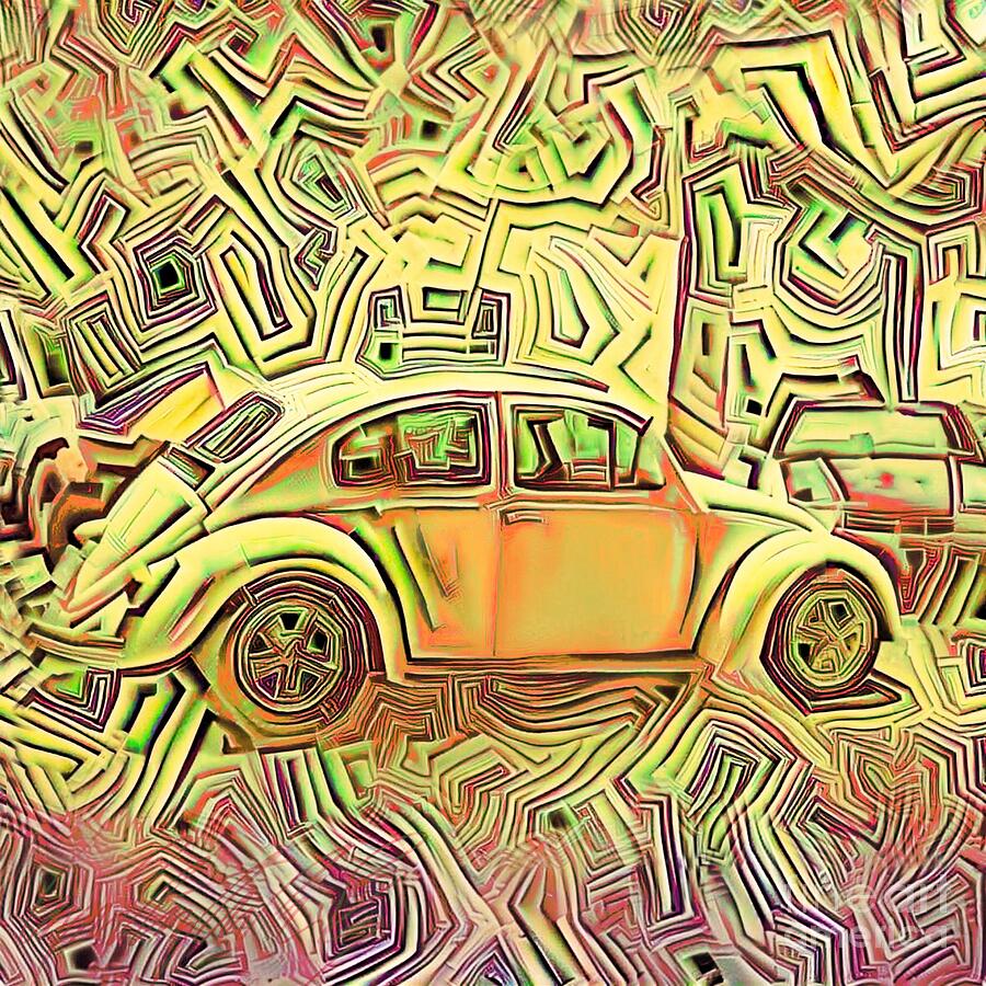 S - Volkswagen Beetle Radiating Zigzag Pattern in Yellow Ochre Shades - Square Painting by Lyn Voytershark