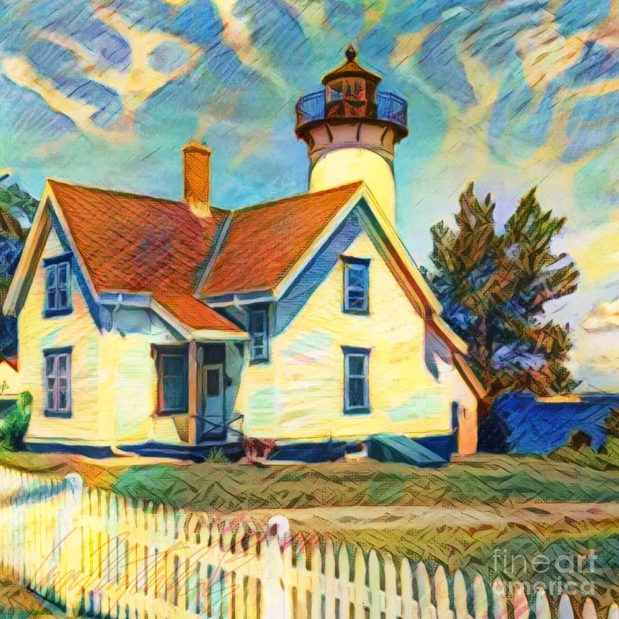 S West Chop Lighthouse Under Sunny Skies - Square Painting by Lyn Voytershark