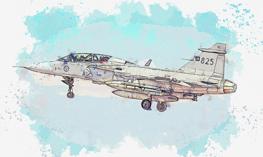 Saab JAS D Gripen in watercolor ca by Ahmet Asar Painting by Celestial Images