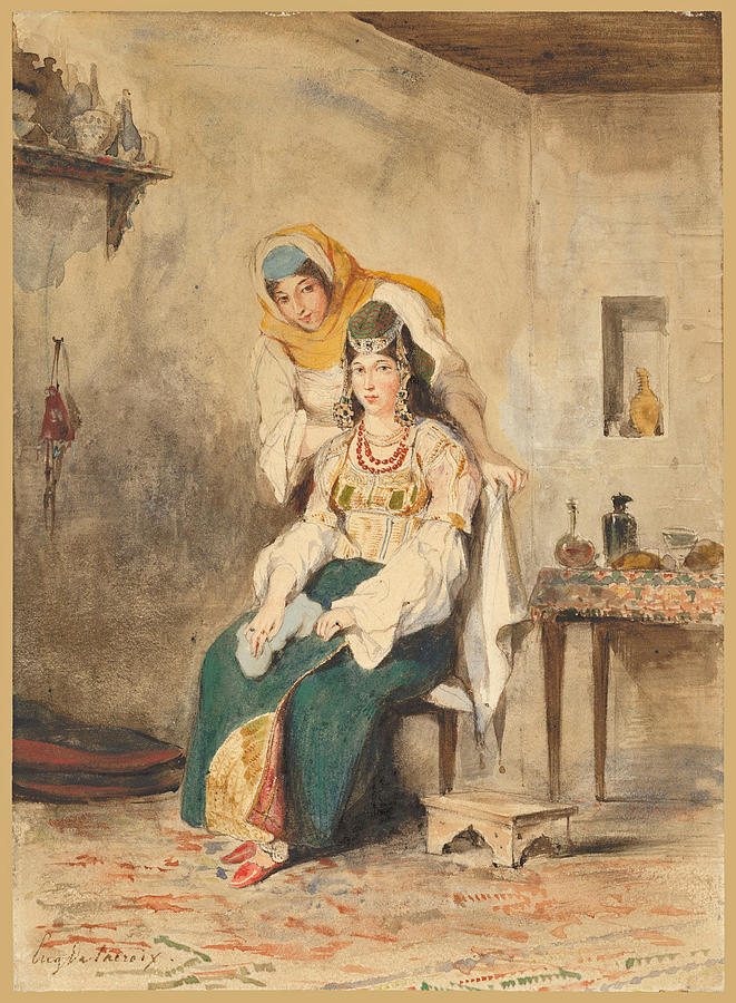 Saada, the Wife of Abraham Ben-Chimol, and Preciada, One of Their Daughter Drawing by Eugene Delacroix